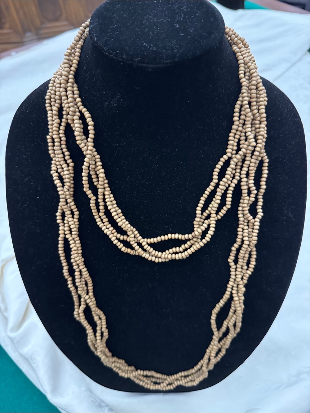 Beaded 4-Strand Necklace - Vintage Beige Wooden Beads 27” (OLCC)